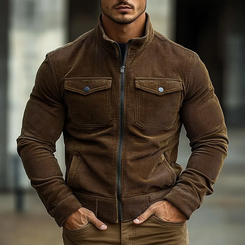 Men's Vintage Solid Color Corduroy Multi-Pocket Stand Collar Zipper Jacket MTA2867H3X sold by Manly product image thumbnail 4