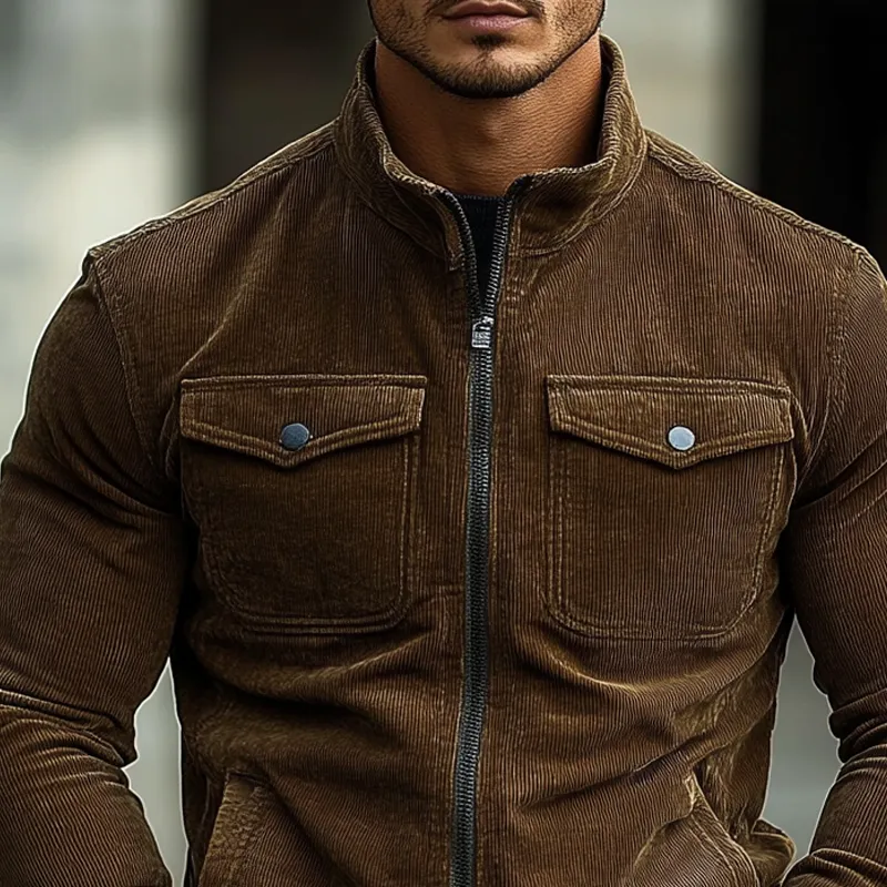 Men's Vintage Solid Color Corduroy Multi-Pocket Stand Collar Zipper Jacket MTA2867H3X sold by Manly product image thumbnail 2