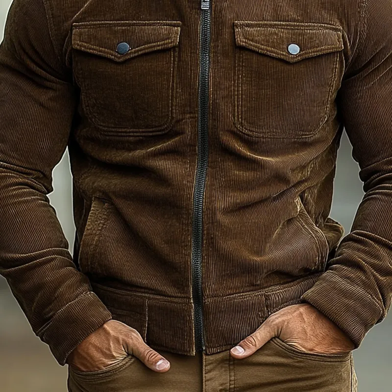 Men's Vintage Solid Color Corduroy Multi-Pocket Stand Collar Zipper Jacket MTA2867H3X sold by Manly product image thumbnail 3