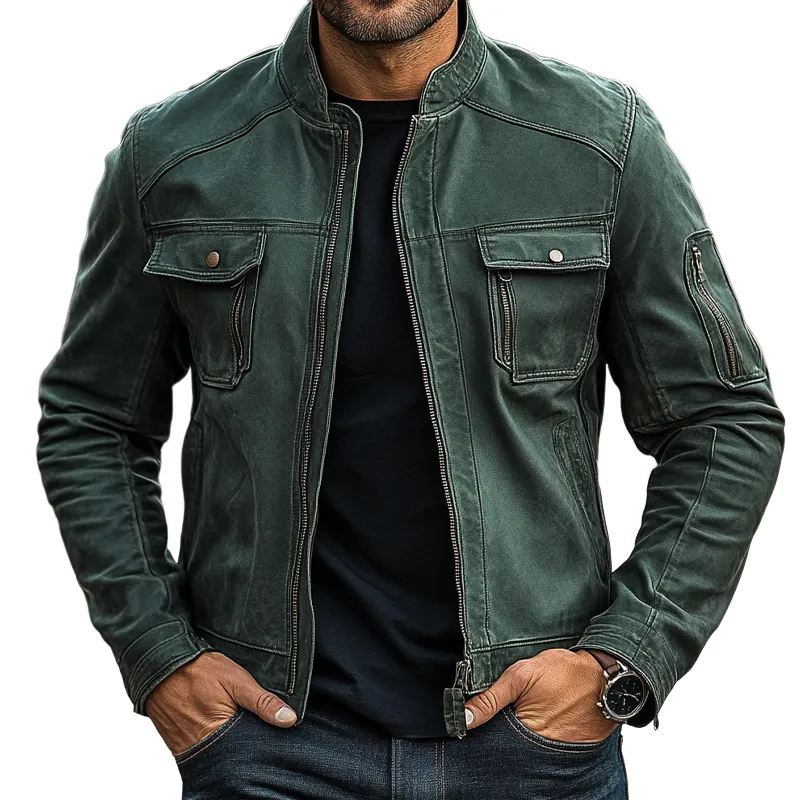 Men's Vintage Solid Color Washed Stand Collar Zipper Jacket MTA2830H5X sold by Manly