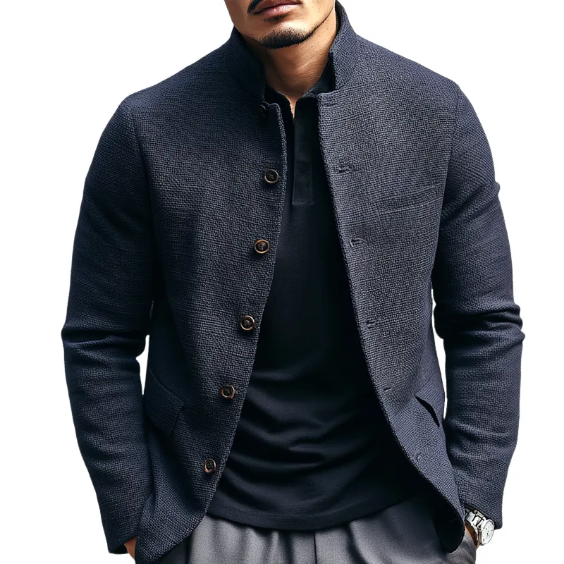 Men's Solid Textured Stand Collar Single Breasted Casual Jacket MTA2852H2Z sold by Manly