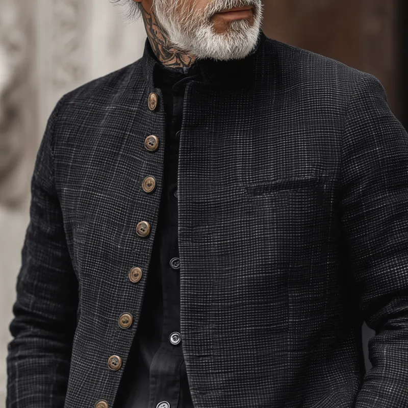 Men's Woven Textured Plaid Stand Collar Single-Breasted Jacket MTA2897H4Z sold by Manly product image thumbnail 3