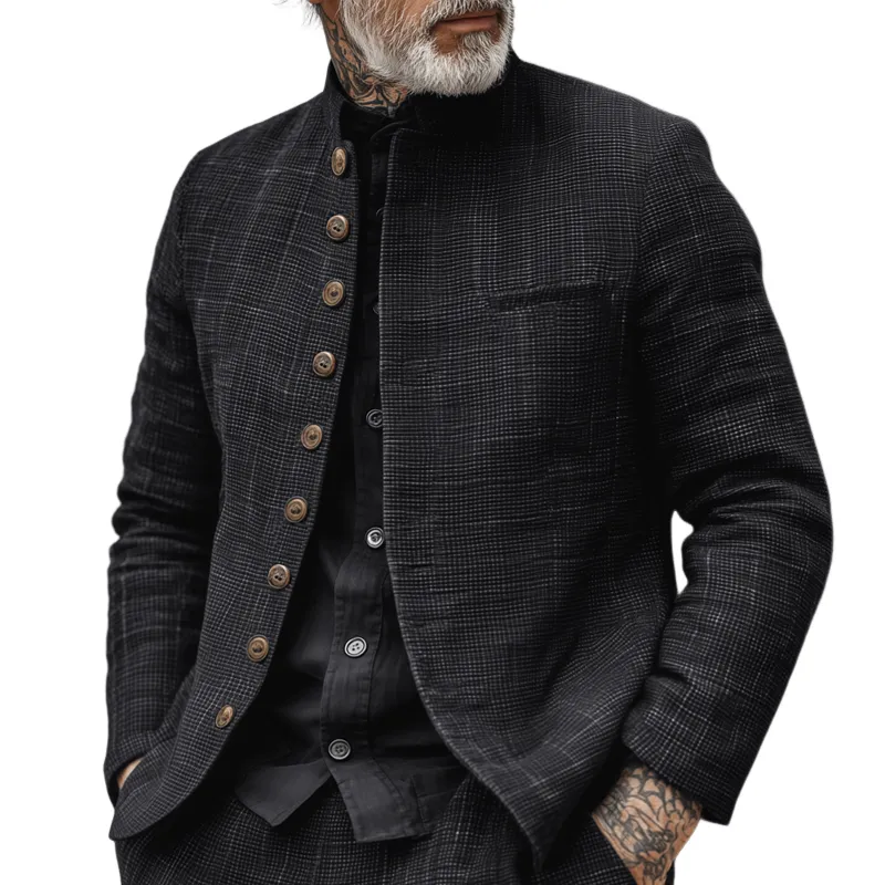 Men's Woven Textured Plaid Stand Collar Single-Breasted Jacket MTA2897H4Z sold by Manly