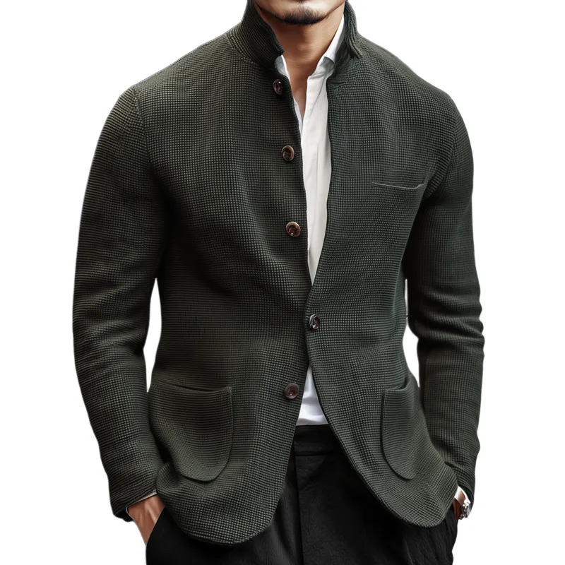 Men's Woven Textured Plaid Stand Collar Single-Breasted Jacket MTA2843H3Z sold by Manly