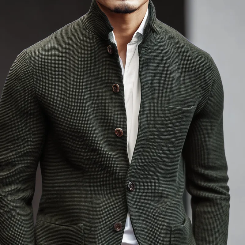 Men's Woven Textured Plaid Stand Collar Single-Breasted Jacket MTA2843H3Z sold by Manly product image thumbnail 3