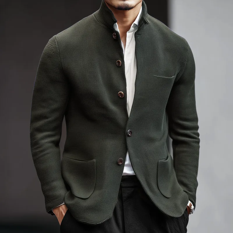 Men's Woven Textured Plaid Stand Collar Single-Breasted Jacket MTA2843H3Z sold by Manly product image thumbnail 2