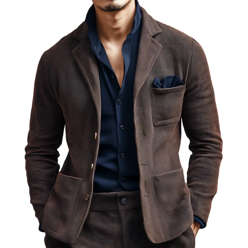 Men's Woven Textured Plaid Notch Lapel Single-Breasted Blazer MTA2880H9Z sold by Manly