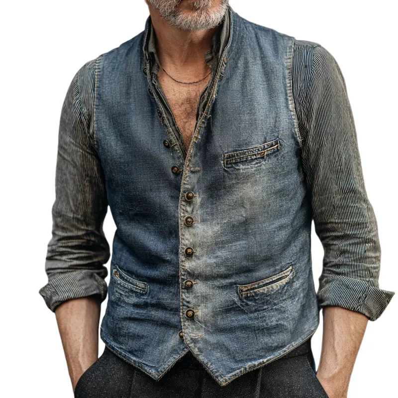 Men's Vintage Washed Denim Round Neck Single Breasted Multi-pocket Vest MTA2166H4Z sold by Manly