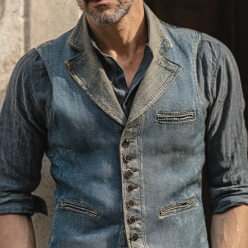 Men's Vintage Washed Denim Notch Lapel Single Breasted Multi-pocket Vest MTA2140H7Z sold by Manly product image thumbnail 3