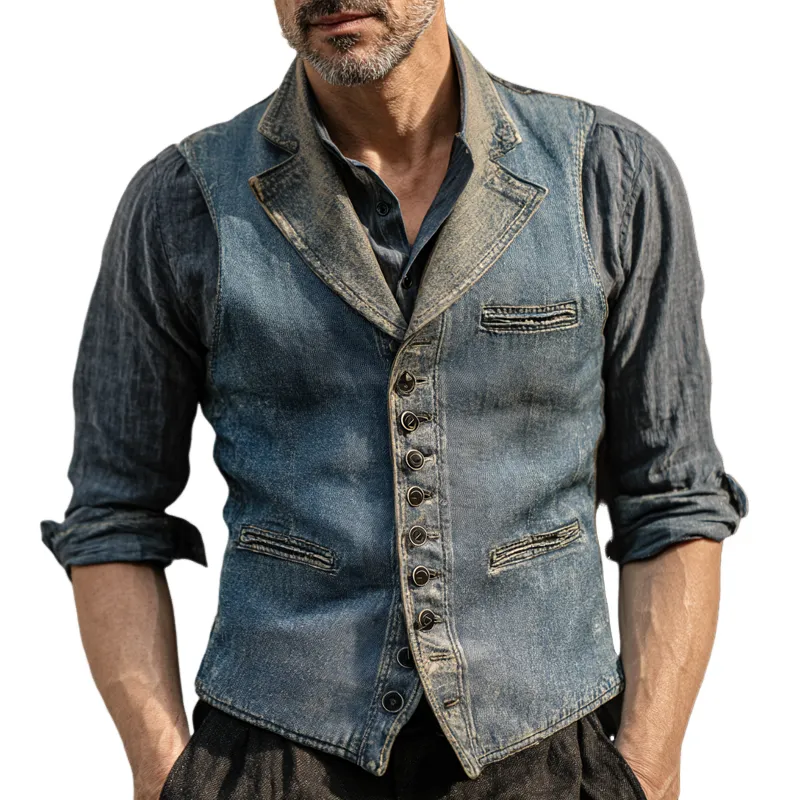 Men's Vintage Washed Denim Notch Lapel Single Breasted Multi-pocket Vest MTA2140H7Z sold by Manly