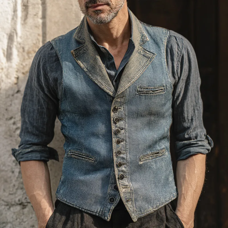Men's Vintage Washed Denim Notch Lapel Single Breasted Multi-pocket Vest MTA2140H7Z sold by Manly product image thumbnail 2