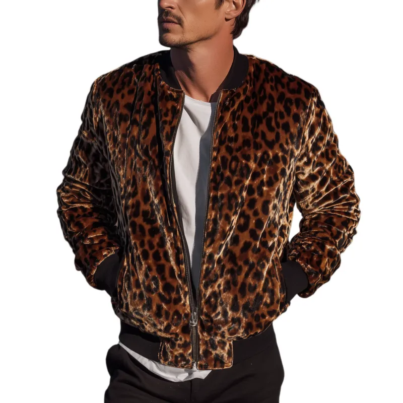 Men's Classic Casual Western Leopard Print Velvet Zip-Up Jacket MTA2851H6K sold by Manly