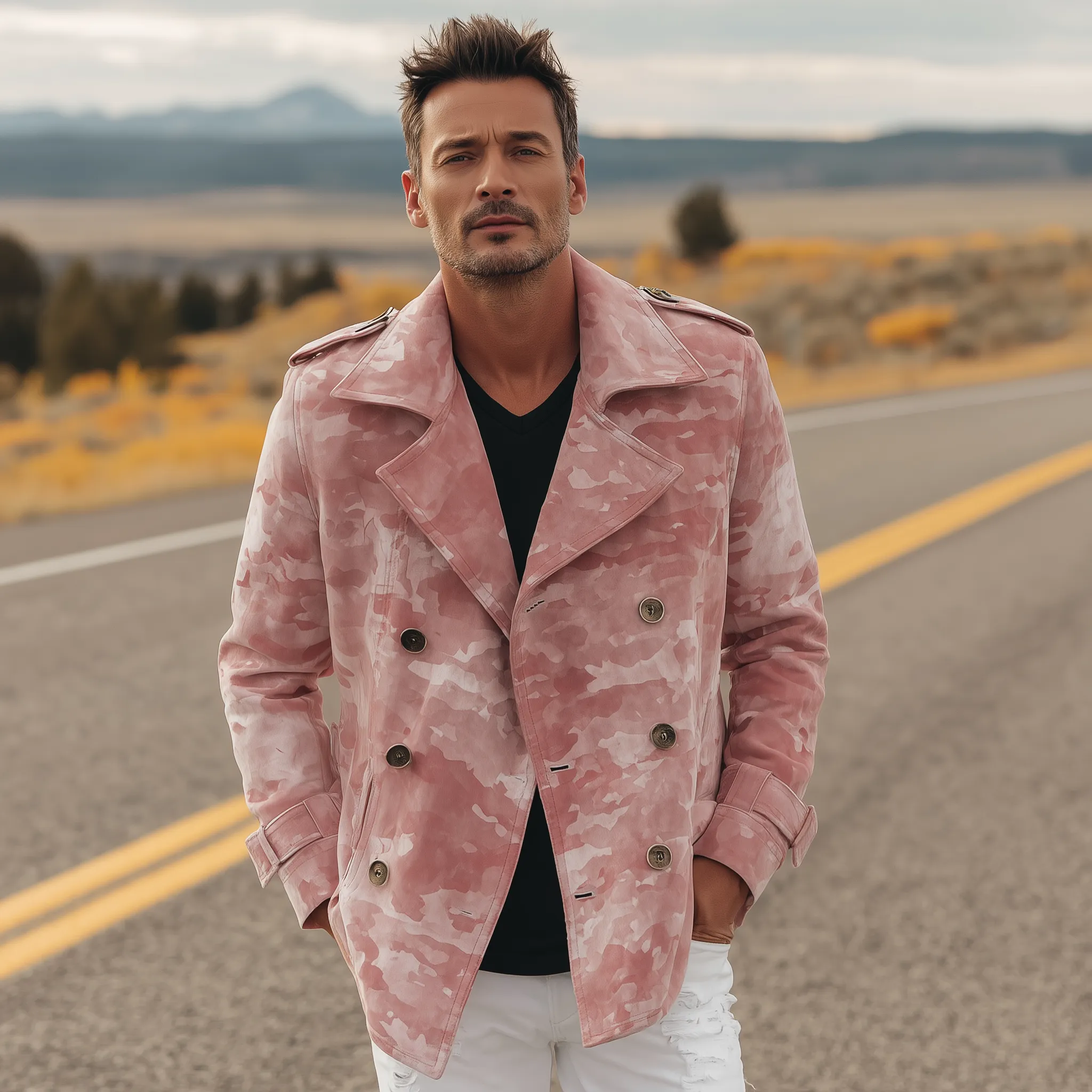 Men's Classic Casual Pink Camouflage Suede Lapel Double-Breasted Jacket MTA2809H6K sold by Manly product image thumbnail 3