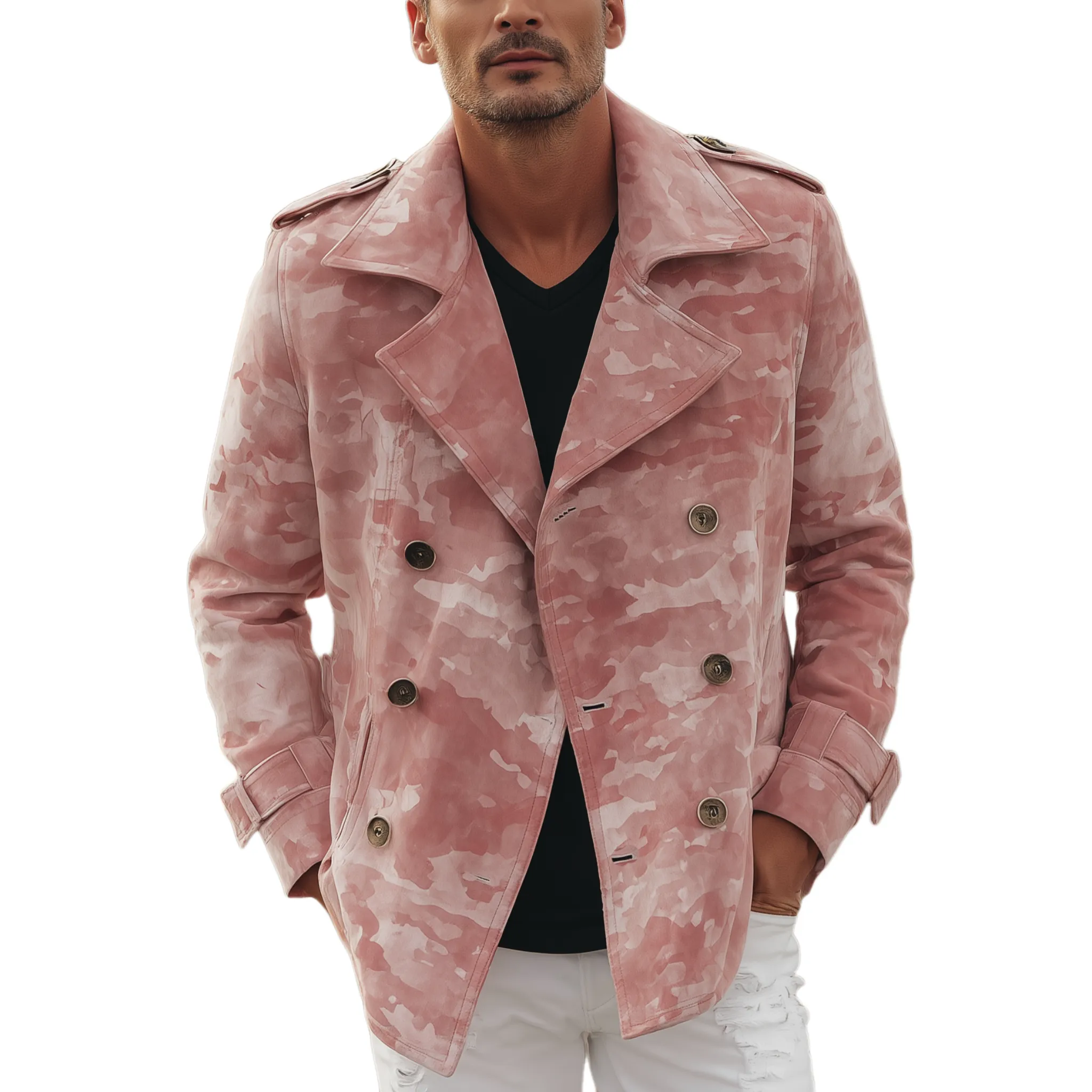 Men's Classic Casual Pink Camouflage Suede Lapel Double-Breasted Jacket MTA2809H6K sold by Manly
