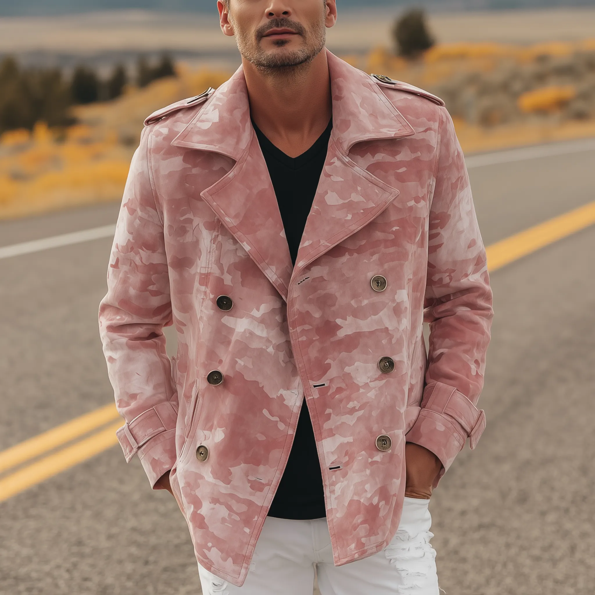 Men's Classic Casual Pink Camouflage Suede Lapel Double-Breasted Jacket MTA2809H6K sold by Manly product image thumbnail 2