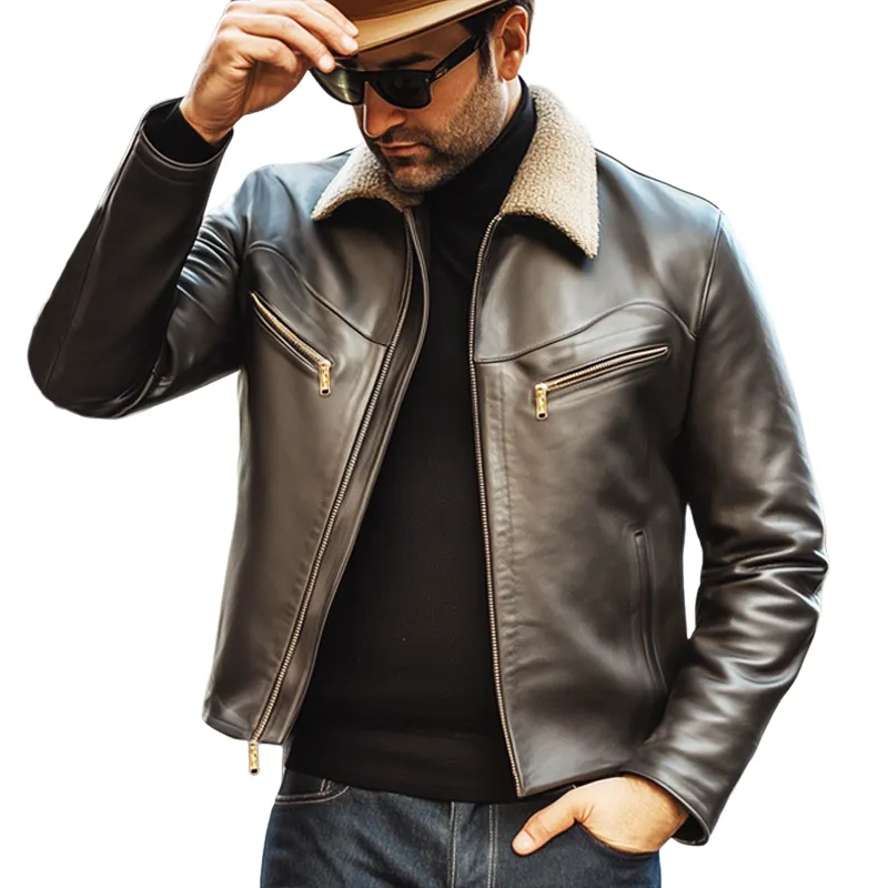 Men's Vintage PU Leather Lambswool Collar Zipper Jacket MTA2894H4U sold by Manly