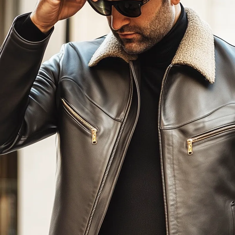 Men's Vintage PU Leather Lambswool Collar Zipper Jacket MTA2894H4U sold by Manly product image thumbnail 5