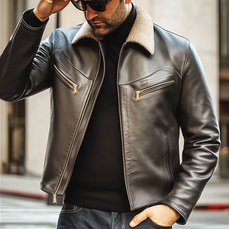 Men's Vintage PU Leather Lambswool Collar Zipper Jacket MTA2894H4U sold by Manly product image thumbnail 2