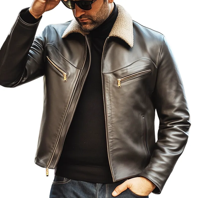 Men's Vintage PU Leather Lambswool Collar Zipper Jacket MTA2894H4U sold by Manly product image thumbnail 3