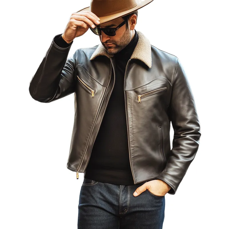 Men's Vintage PU Leather Lambswool Collar Zipper Jacket MTA2894H4U sold by Manly product image thumbnail 4