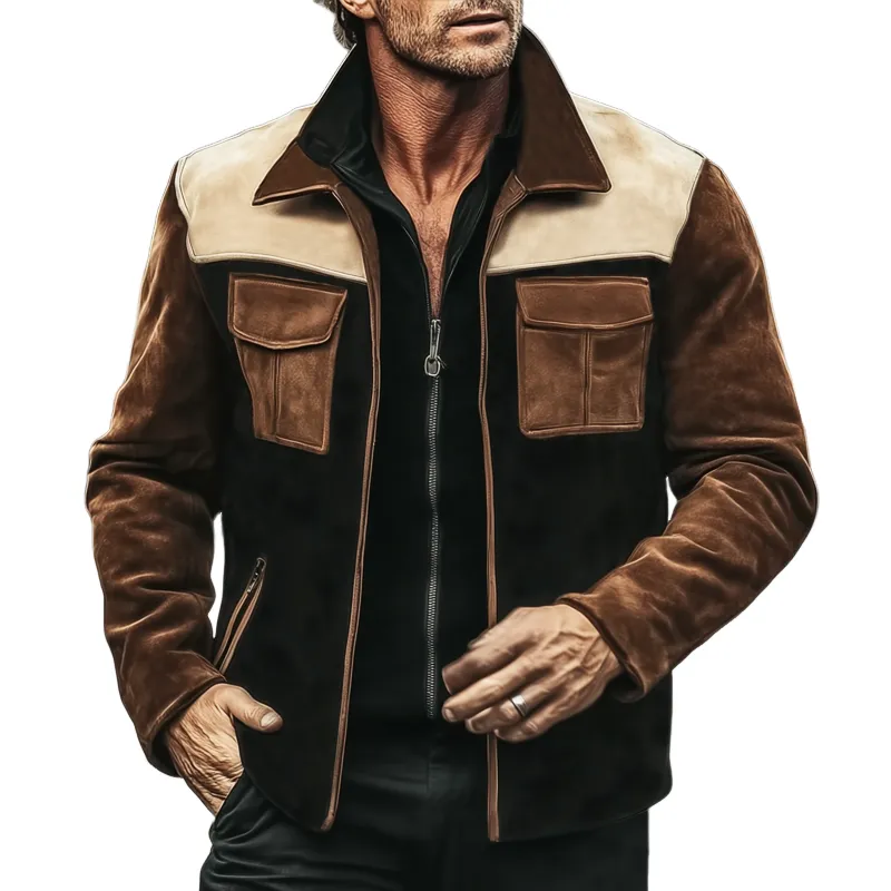 Men's Vintage Colorblock Suede Lapel Zip-Up Jacket MTA2871H0U sold by Manly