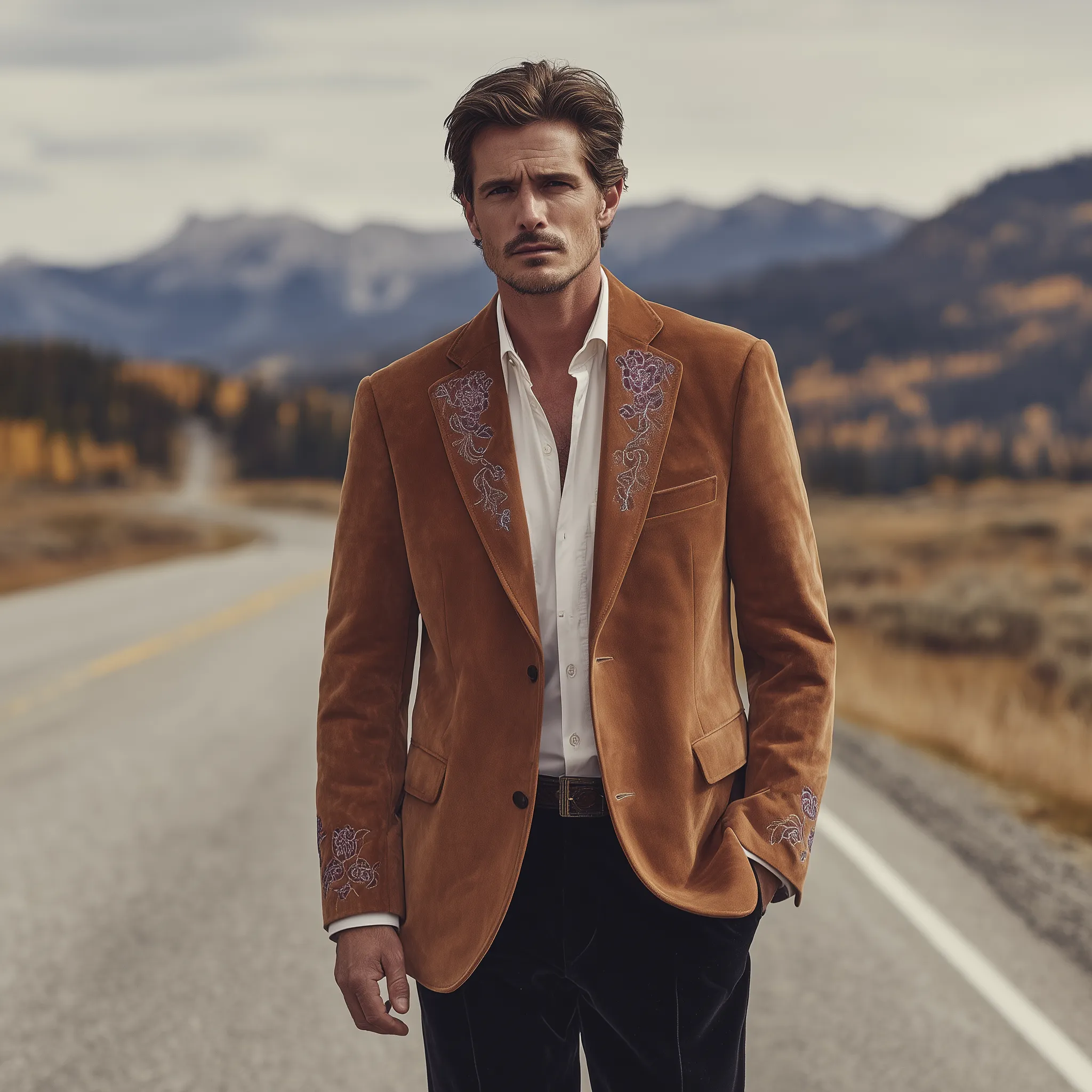 Men's Classic Retro Western Style Suede Collar And Cuff Embroidery Single-breasted Blazer MTA2841H1K sold by Manly product image thumbnail 3