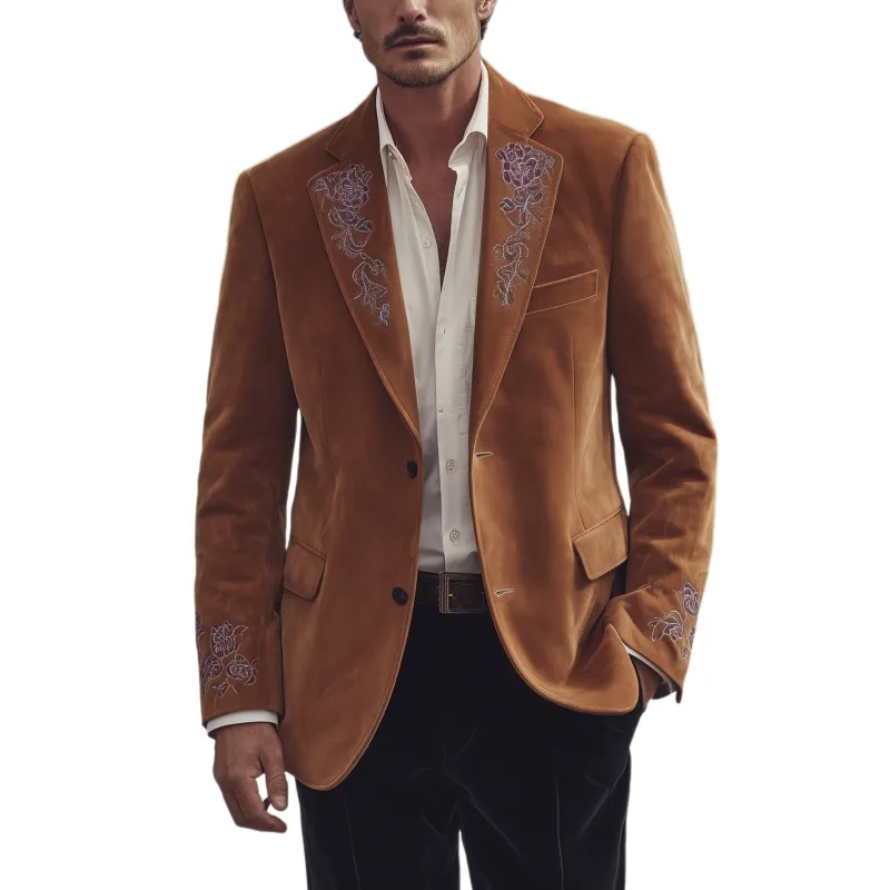 Men's Classic Retro Western Style Suede Collar And Cuff Embroidery Single-breasted Blazer MTA2841H1K sold by Manly