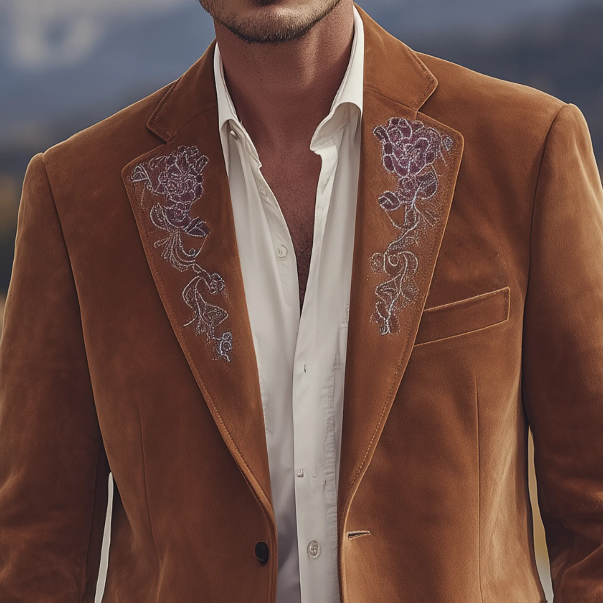 Men's Classic Retro Western Style Suede Collar And Cuff Embroidery Single-breasted Blazer MTA2841H1K sold by Manly product image thumbnail 4