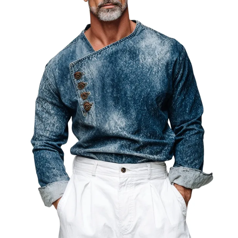Men's Retro Casual Denim Distressed Pullover Long Sleeve Shirt MTA2652H6TO sold by Manly