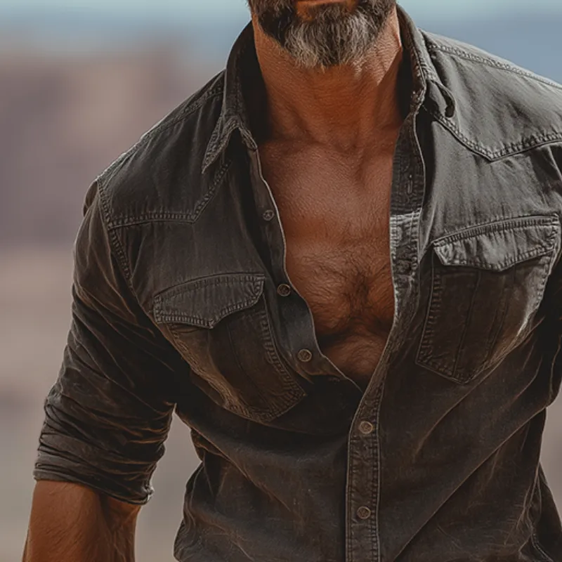 Men's Retro Casual Western Style Cotton Washed Distressed Lapel Long Sleeve Shirt MTA2692H2TO sold by Manly product image thumbnail 3