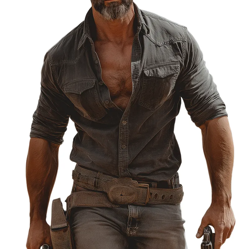 Men's Retro Casual Western Style Cotton Washed Distressed Lapel Long Sleeve Shirt MTA2692H2TO sold by Manly