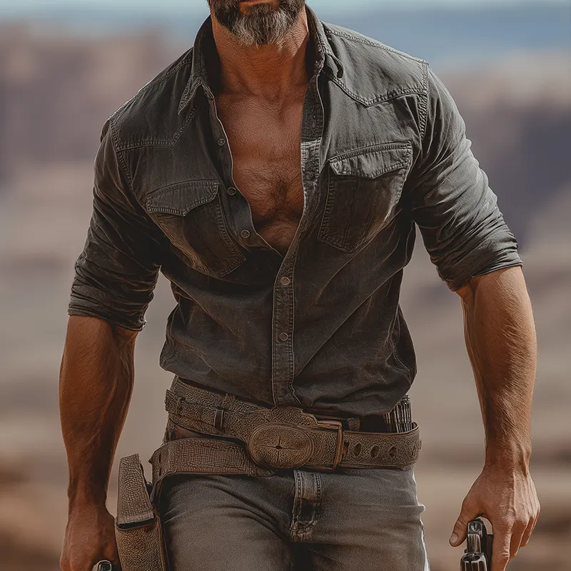 Men's Retro Casual Western Style Cotton Washed Distressed Lapel Long Sleeve Shirt MTA2692H2TO sold by Manly product image thumbnail 2