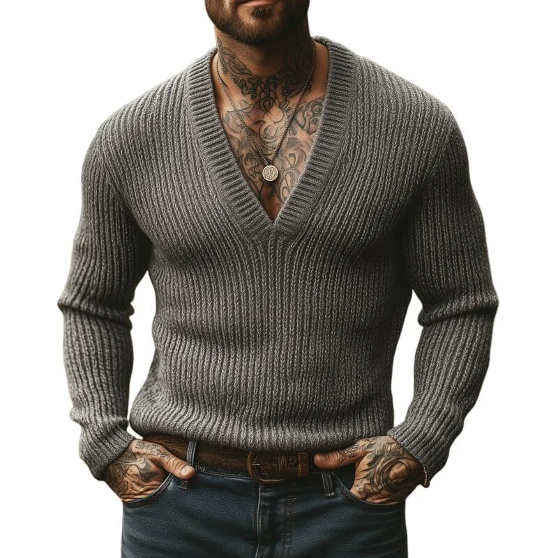 Men's Casual Solid Color Breathable Knitted V-neck Slim Fit Pullover Sweater MTA2855H8M sold by Manly