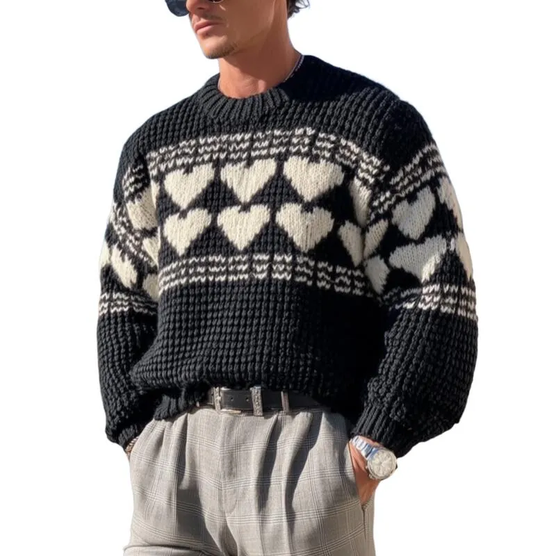 Men's Vintage Heart Jacquard Breathable Knitted Round Neck Loose Pullover Sweater MTA2844H8M sold by Manly