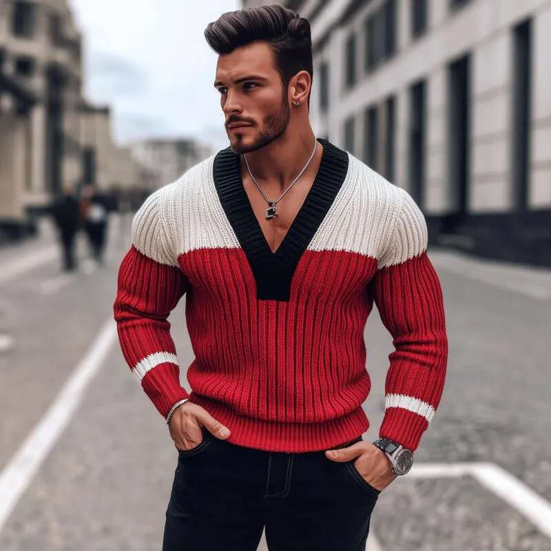 Men's Stylish Contrast Color Breathable Knitted V-Neck Slim Fit Pullover Sweater MTA2838H0M sold by Manly product image thumbnail 3