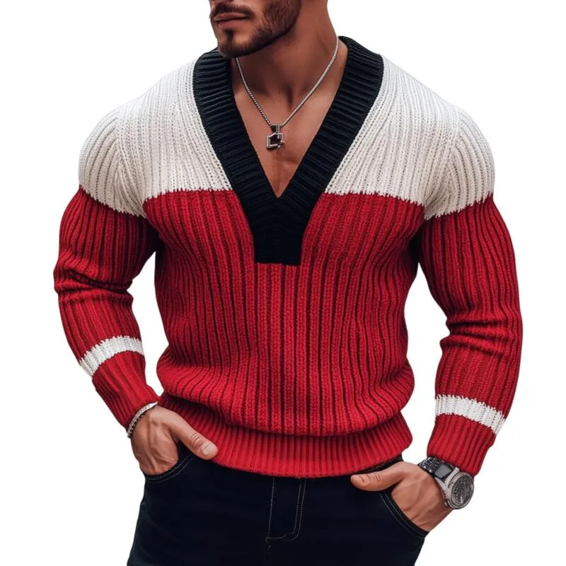 Men's Stylish Contrast Color Breathable Knitted V-Neck Slim Fit Pullover Sweater MTA2838H0M sold by Manly