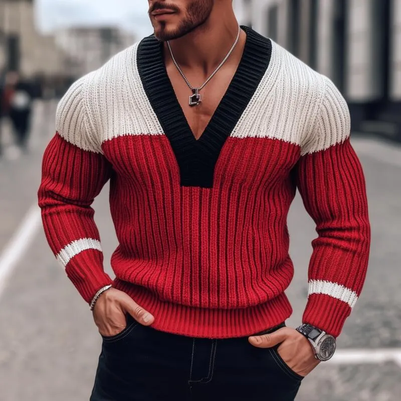 Men's Stylish Contrast Color Breathable Knitted V-Neck Slim Fit Pullover Sweater MTA2838H0M sold by Manly product image thumbnail 2