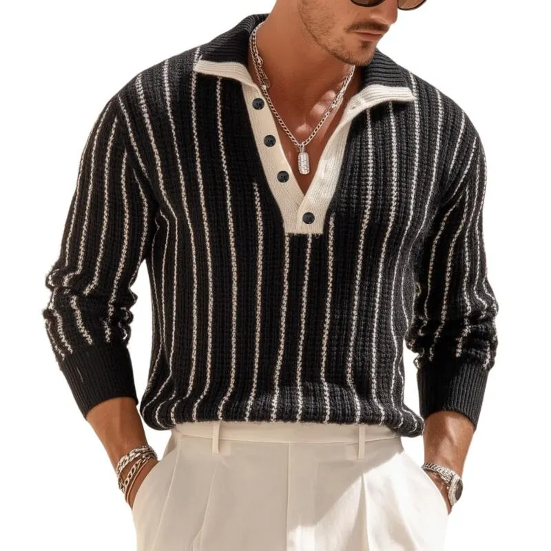 Men's Fashion Contrast Striped Breathable Knit Polo Neck Loose Pullover Sweater MTA2815H4M sold by Manly
