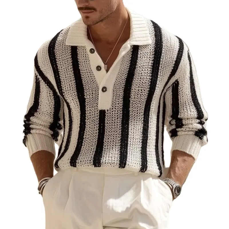 Men's Vintage Contrast Striped Breathable Knit Polo Neck Loose Pullover Sweater MTA2831H1M sold by Manly