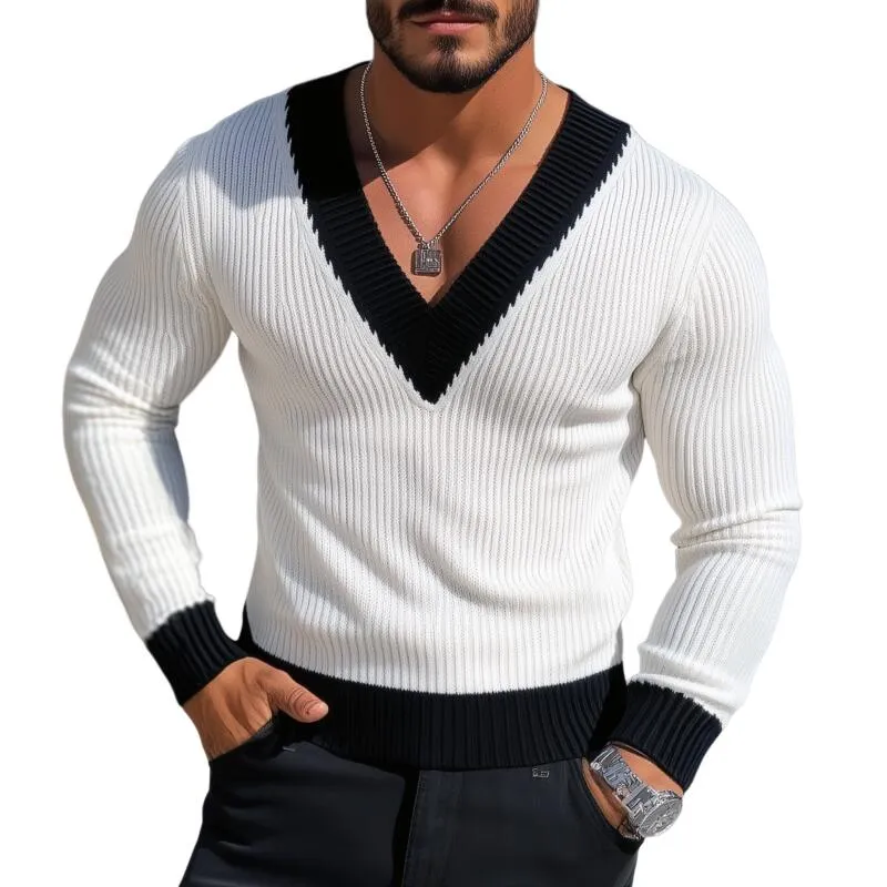 Men's Vintage Contrast Color V-Neck Slim Fit Knit Pullover Sweater MTA2802H5M sold by Manly