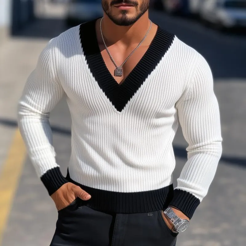 Men's Vintage Contrast Color V-Neck Slim Fit Knit Pullover Sweater MTA2802H5M sold by Manly product image thumbnail 2