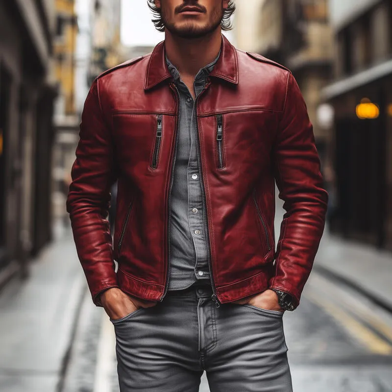 Men's Vintage Fashion Solid Color PU Lapel Zipper Placket Multi-Pocket Slim Fit Motorcycle Jacket MTA2734H0M sold by Manly product image thumbnail 2