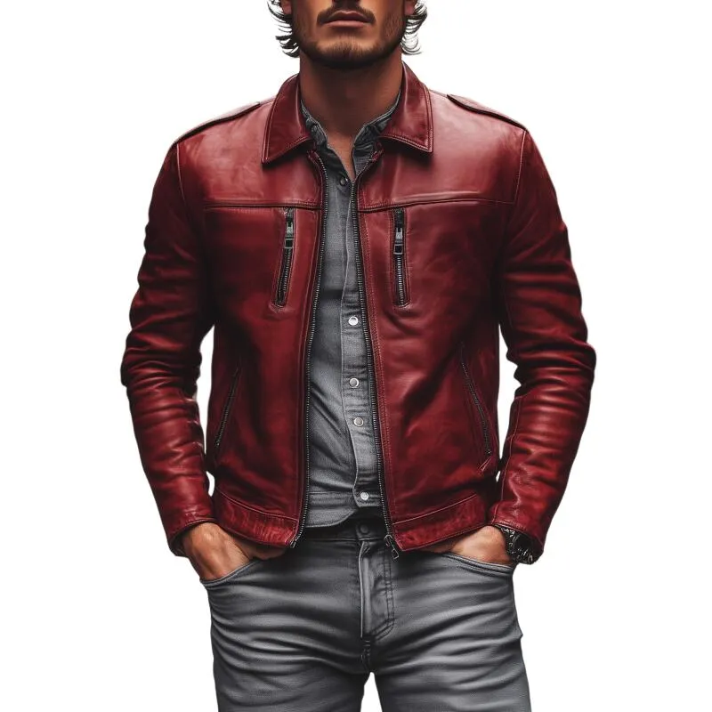 Men's Vintage Fashion Solid Color PU Lapel Zipper Placket Multi-Pocket Slim Fit Motorcycle Jacket MTA2734H0M sold by Manly