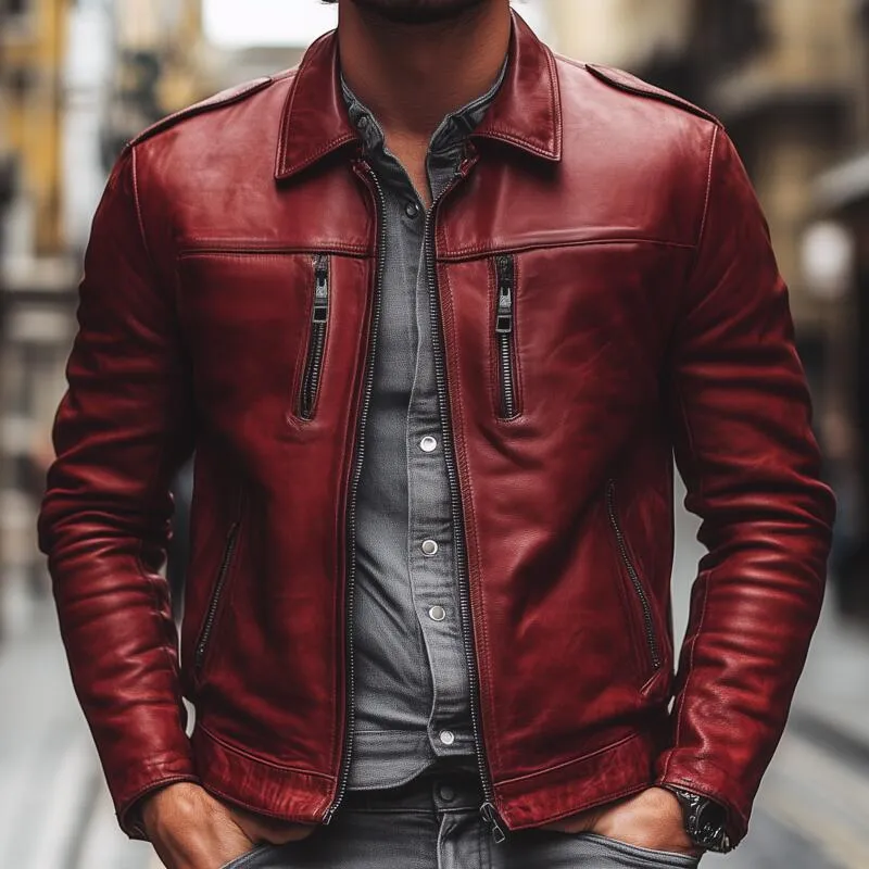Men's Vintage Fashion Solid Color PU Lapel Zipper Placket Multi-Pocket Slim Fit Motorcycle Jacket MTA2734H0M sold by Manly product image thumbnail 3