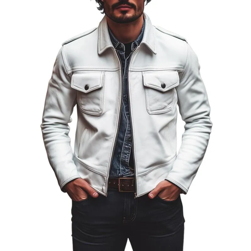 Men's Vintage Fashion Solid Color PU Lapel Zipper Placket Flap Chest Pocket Slim Fit Motorcycle Jacket MTA2766H0M sold by Manly