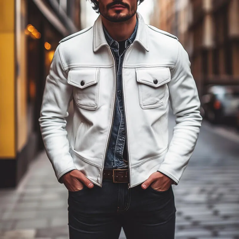 Men's Vintage Fashion Solid Color PU Lapel Zipper Placket Flap Chest Pocket Slim Fit Motorcycle Jacket MTA2766H0M sold by Manly product image thumbnail 2