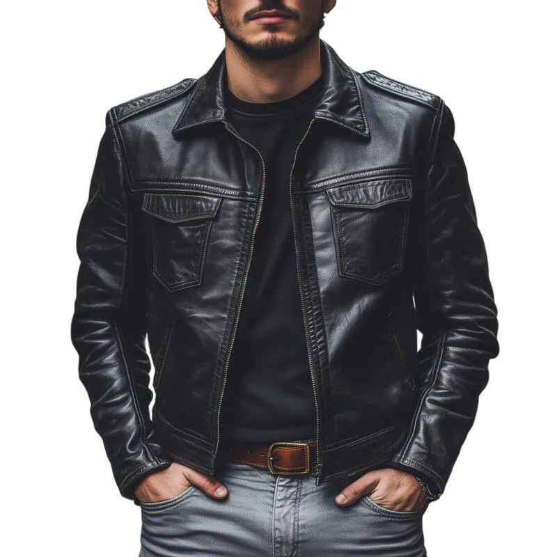 Men's Vintage Fashion Solid Color PU Lapel Zipper Placket Slim Fit Motorcycle Jacket MTA2769H6M sold by Manly