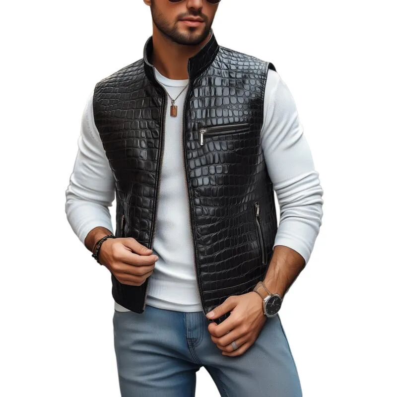 Men's Fashion Crocodile Pattern PU Stand Collar Zipper Placket Slim Fit Vest MTA2738H7M sold by Manly