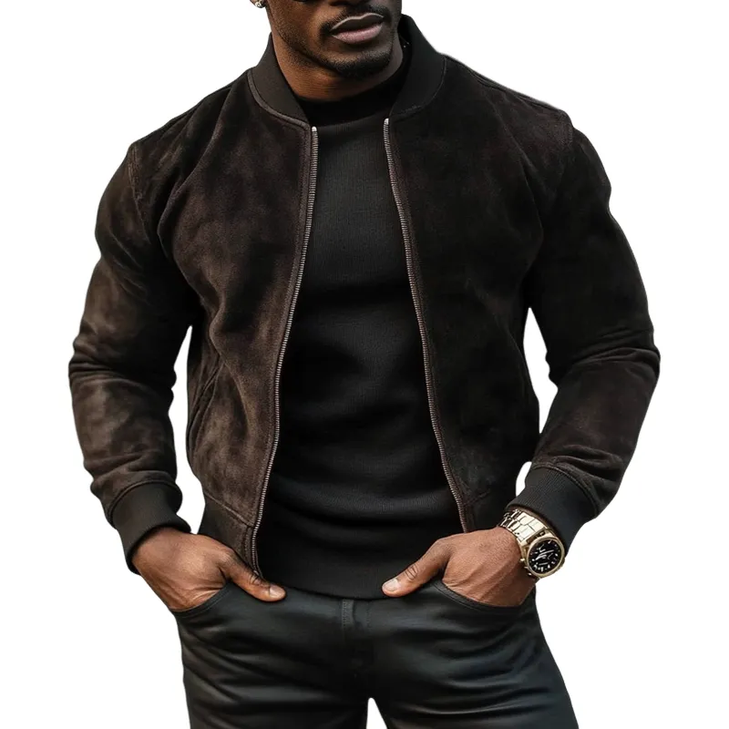 Men's Vintage Solid Color Faux Suede Stand Collar Zipper Jacket MTA2832H1X sold by Manly