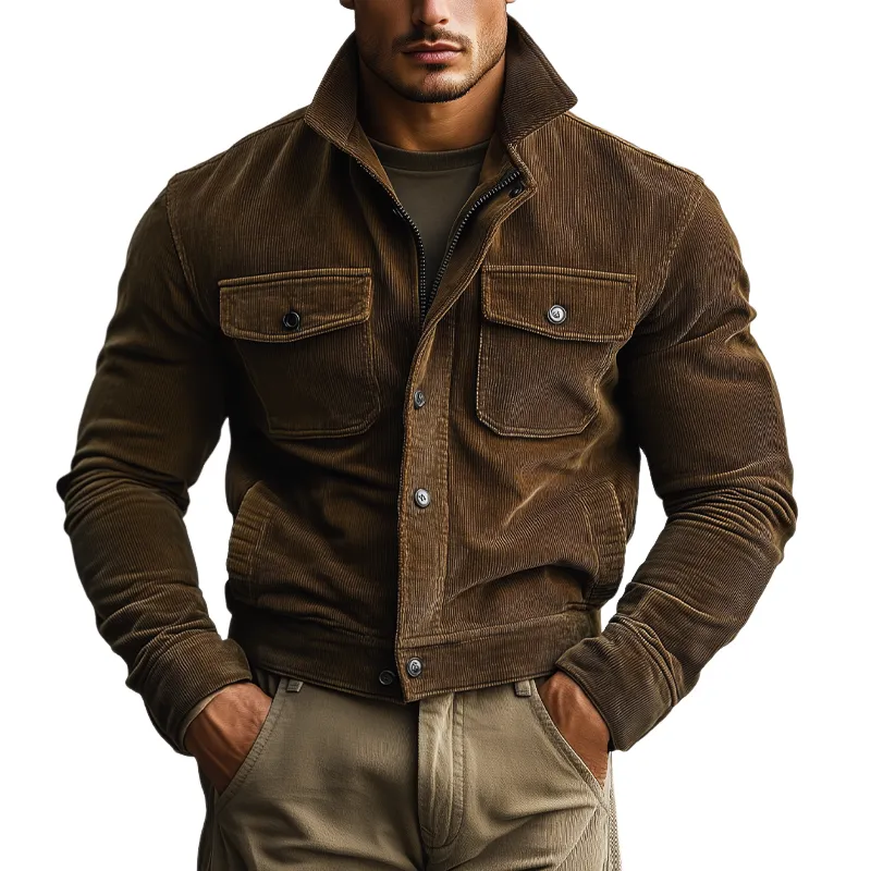 Men's Vintage Solid Color Stand Collar Corduroy Multi-Pocket Jacket MTA2853H2X sold by Manly
